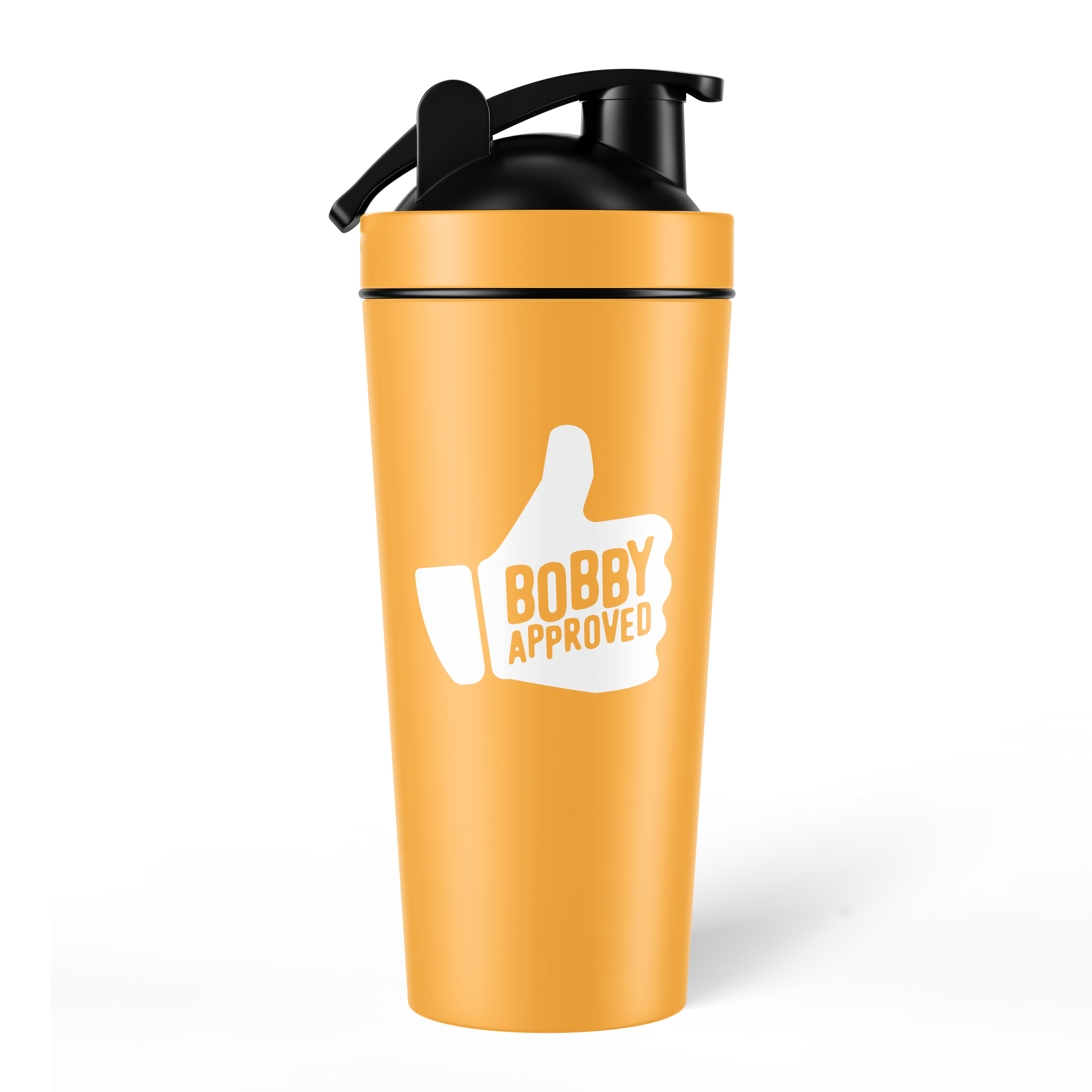 Orange shaker bottle with a black lid, displaying a white thumbs-up graphic and the text ‘Bobby Approved’ on the front, set against a white background.