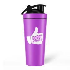 Purple shaker bottle with a black lid, featuring a white thumbs-up icon and the words ‘Bobby Approved’ on the front, shown on a white background.