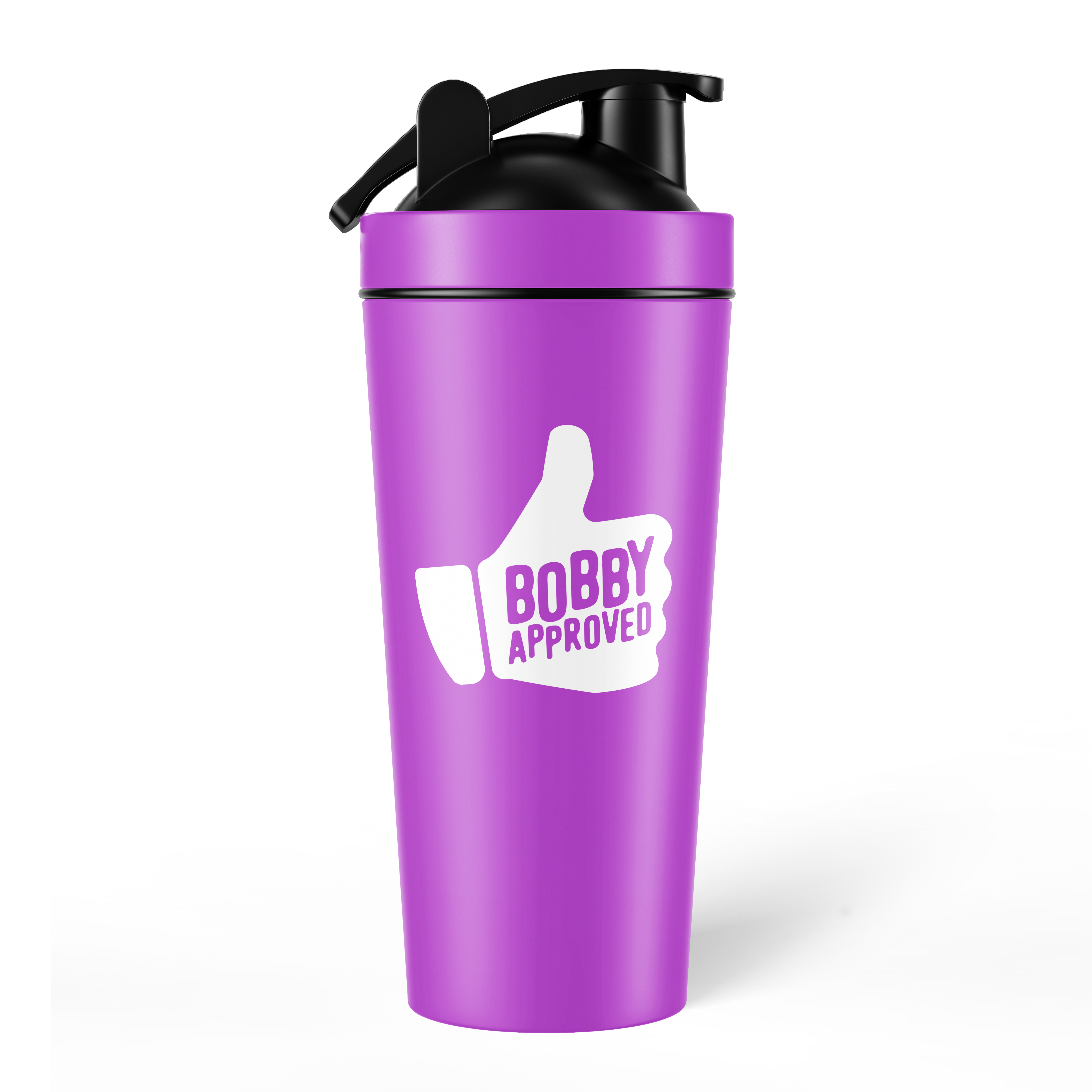 Purple shaker bottle with a black lid, featuring a white thumbs-up icon and the words ‘Bobby Approved’ on the front, shown on a white background.
