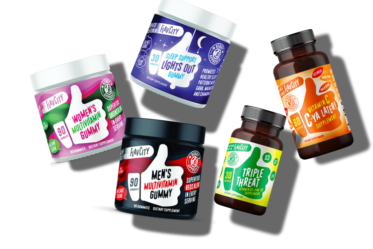 Five bottles of supplements and vitamins, including womens and mens multivitamin gummies, sleep support gummies, vitamin C, and a Triple Threat bottle, are arranged diagonally against a white background.