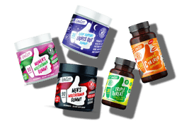 Five bottles of supplements and vitamins, including womens and mens multivitamin gummies, sleep support gummies, vitamin C, and a Triple Threat bottle, are arranged diagonally against a white background.