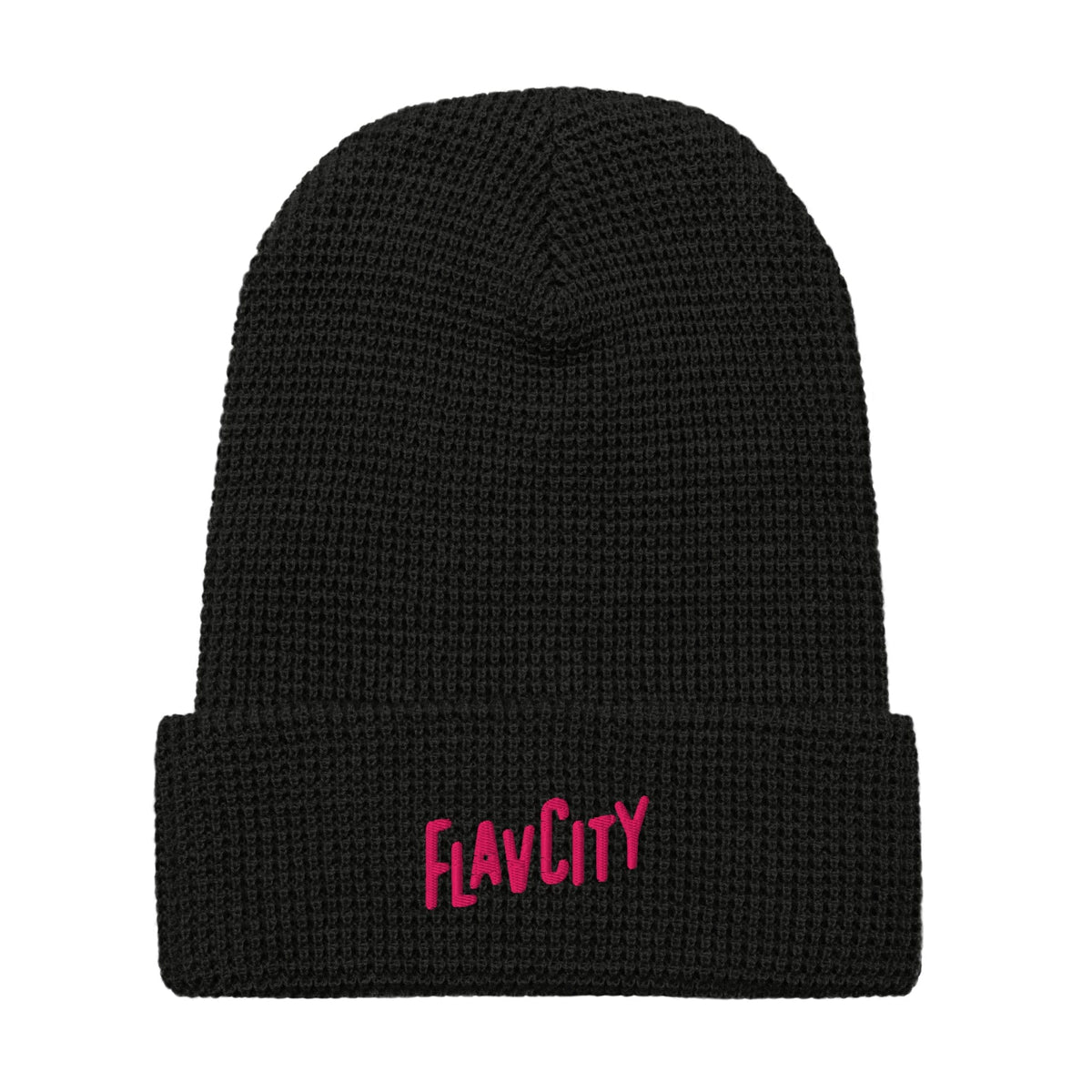 The Shop FlavCity Waffle Beanie - Pink Logo features a black waffle-knit design and bold pink "FlavCity" embroidery on the folded brim—ideal for outdoor adventures.