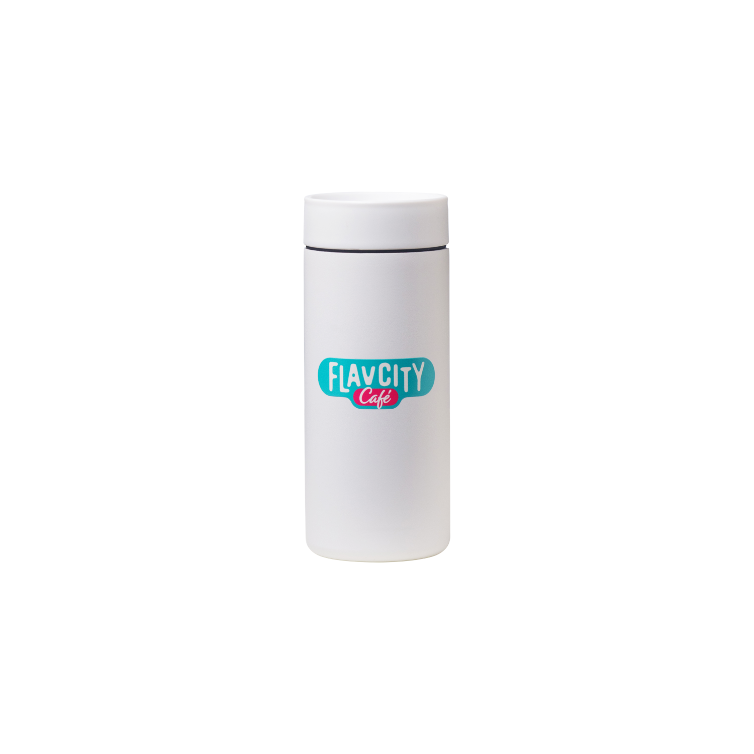 The FlavCity Cafe Hot Tumbler is a white stainless steel cup with a lid, featuring the FlavCity Café logo in teal and pink at the center on a plain white background.