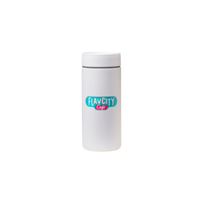 The FlavCity Cafe Hot Tumbler is a white stainless steel cup with a lid, featuring the FlavCity Café logo in teal and pink at the center on a plain white background.