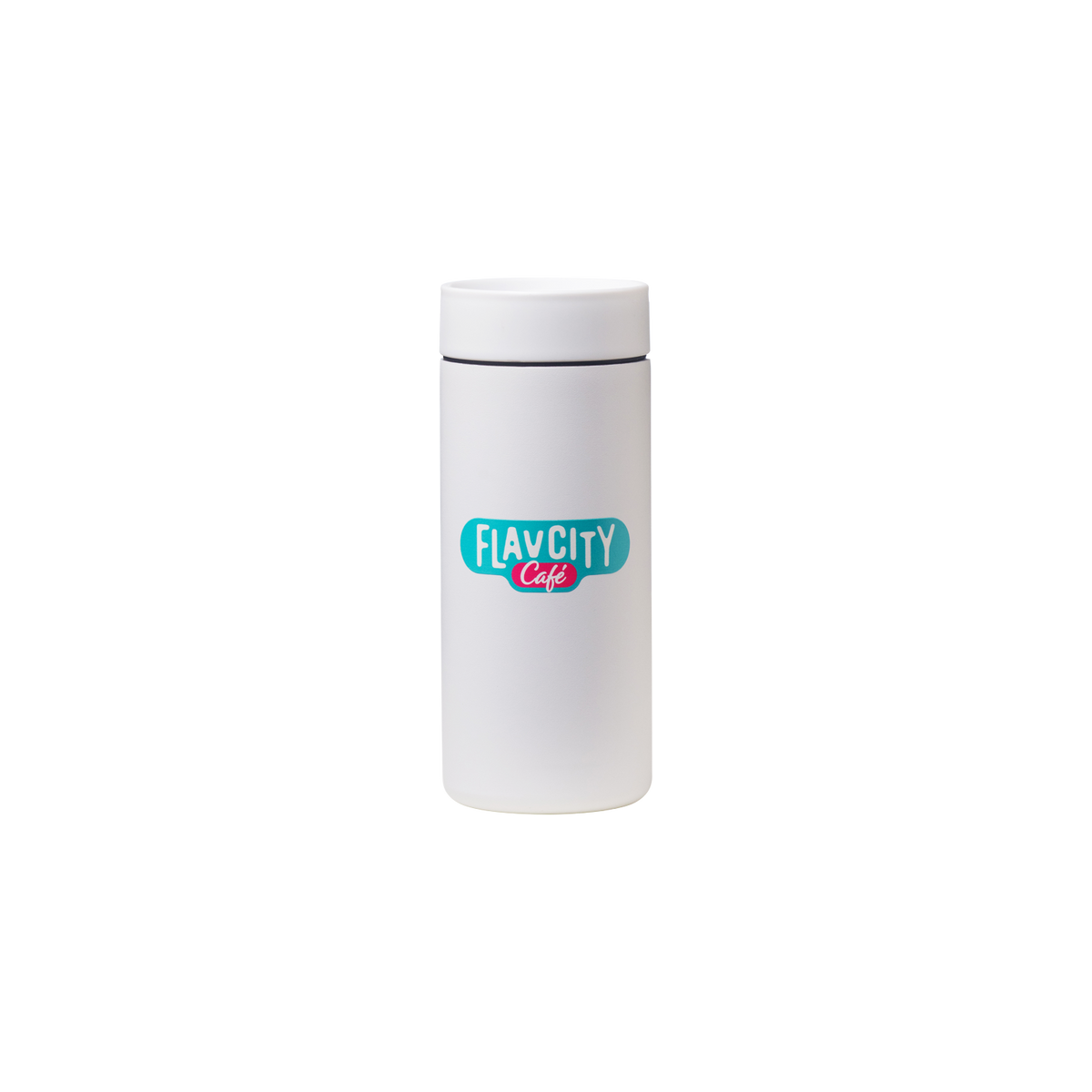 The FlavCity Cafe Hot Tumbler is a white stainless steel cup with a lid, featuring the FlavCity Café logo in teal and pink at the center on a plain white background.
